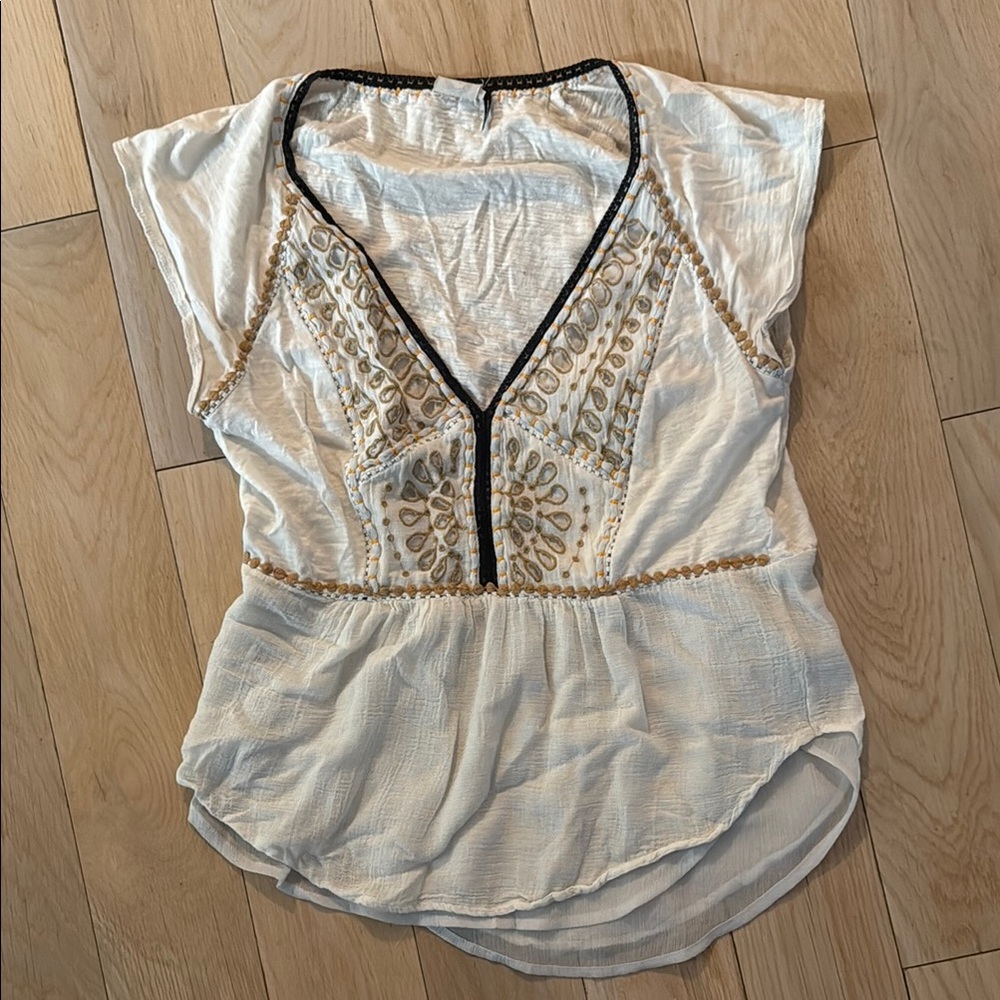 Anthropologie Cream Embellished Peplum Blouse